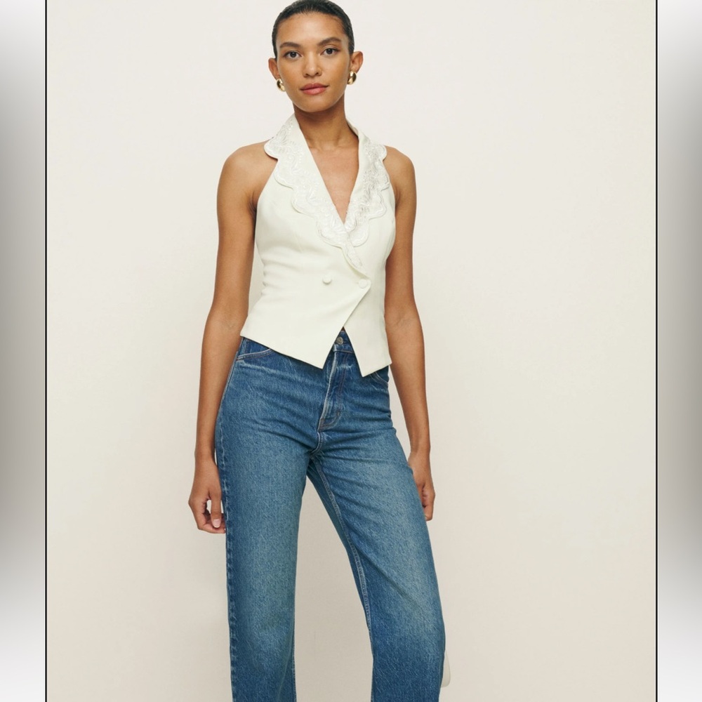 Reformation Cream Embroidered Ruffle Halter Tank - Picture 4 of 15